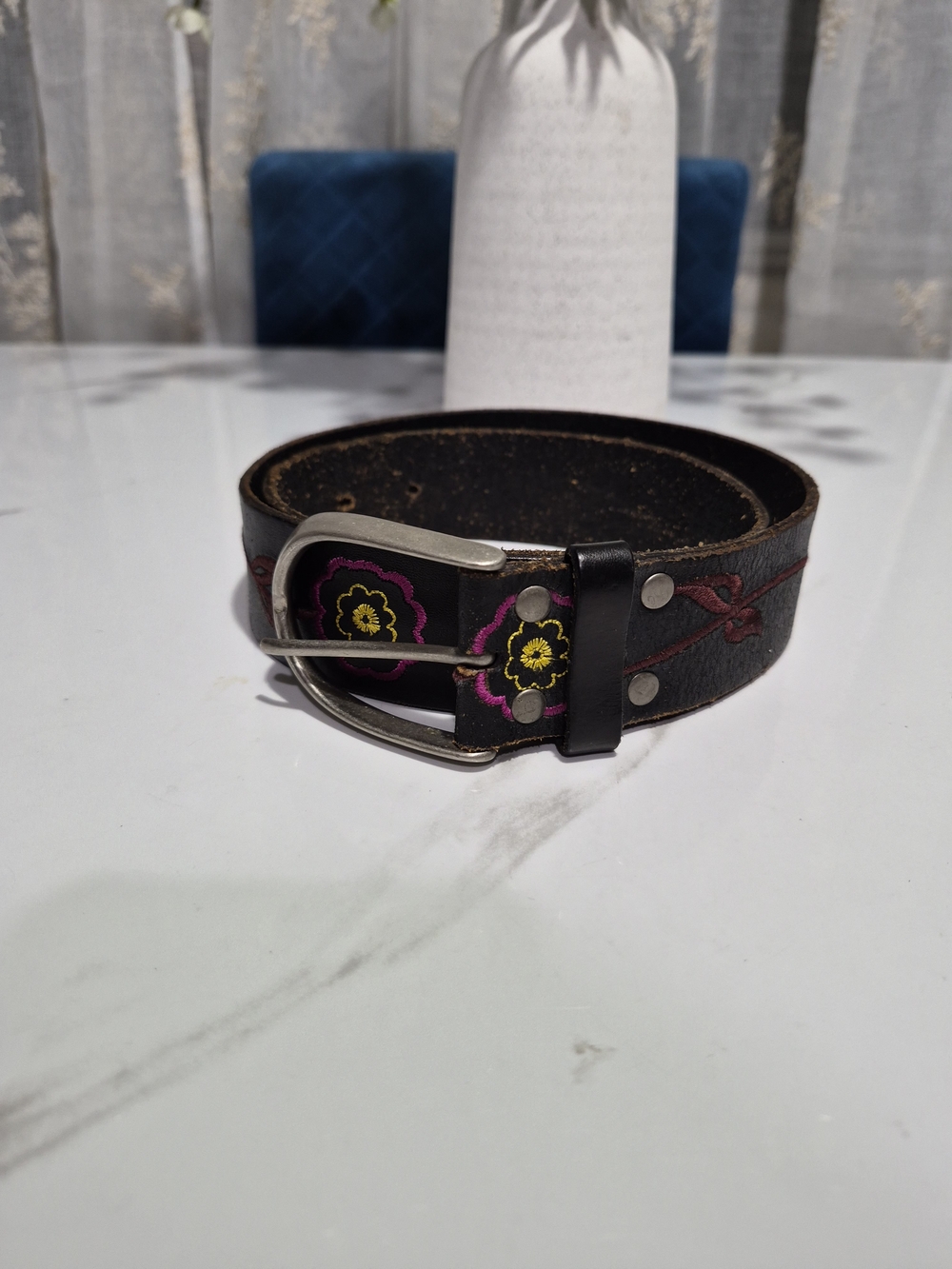 Linea Pelle Black Leather Belt with Pink and Yellow Floral Accent